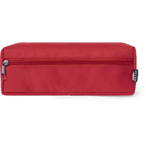 A red pencil case with a zippered compartment and branding. It features a rectangular shape for storage.