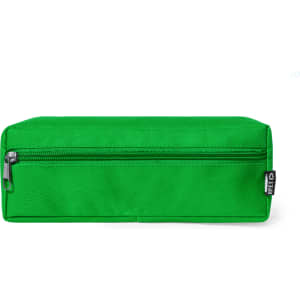 A green pencil case with a zippered compartment and a branding label on the side.