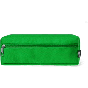 A green pencil case with a zippered compartment and a logo label. Ideal for storing stationery items.
