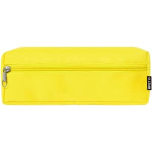 A yellow pencil case with a zipper and a branding label.