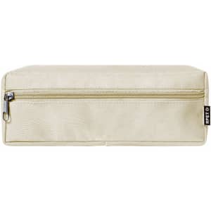 A beige pencil case with a zippered closure, featuring a branding label on the side.