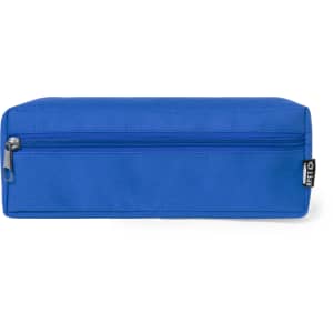 A blue pencil case with a zippered compartment and a logo tag on the side.