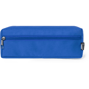 A blue pencil case with a zip closure and a brand label on the side.