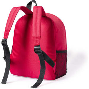 A red backpack with black straps and a side mesh pocket, featuring a logo.