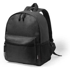 A black backpack with a front pocket and mesh side pockets, featuring adjustable straps and a logo on the side.