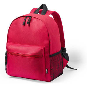 A red backpack with a front zip pocket and a side mesh pocket, featuring black shoulder straps and a logo.