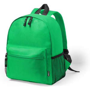A bright green backpack featuring a front pocket, side mesh pocket, and a logo.