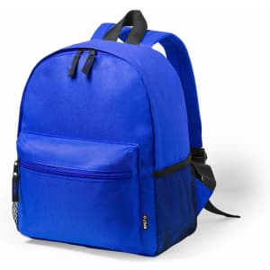 A blue backpack featuring a main compartment, front pocket, and side mesh pocket. It has adjustable straps and a logo.