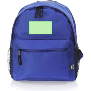 A blue backpack with a front zipper pocket and mesh side pockets. It features a logo and a blank area for customisation.