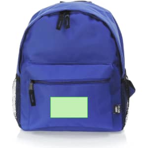A blue backpack featuring a front zip pocket and mesh side pockets, with a logo displayed on the side.