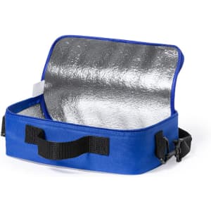 A blue cooler bag with a silver-lined interior and black webbed handles, open and showing its contents.