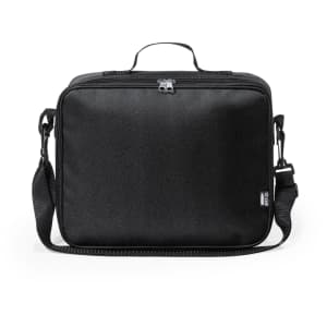 A black cooler bag with a zip closure and an adjustable shoulder strap. It includes a logo on the front.