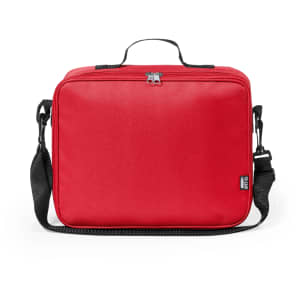 A bright red cooler bag with a zip closure and an adjustable strap, featuring a logo on the side.