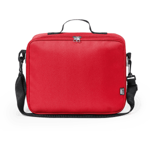 A red cooler bag with a zip closure and adjustable shoulder strap, featuring a logo on the side.