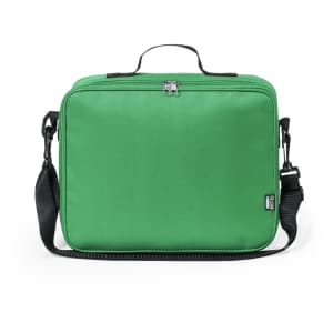 A green cooler bag with a zippered closure and a detachable shoulder strap, featuring a logo.