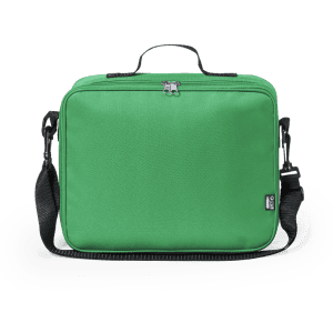 A green cooler bag with a shoulder strap and a top handle, featuring a zip closure and a logo.