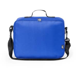 A blue cooler bag with a shoulder strap and a zippered top, featuring branding on one side.
