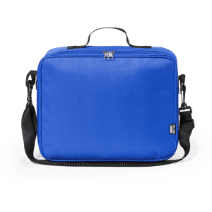 A blue cooler bag with a sturdy handle and adjustable shoulder strap, featuring a logo on the front.