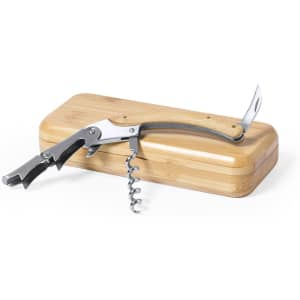 A drink bottle corkscrew opener with a stainless steel design and wooden handle, presented on a bamboo case.