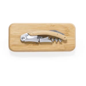 A drink bottle corkscrew opener with a stainless steel body and wooden handle, placed on a bamboo surface.