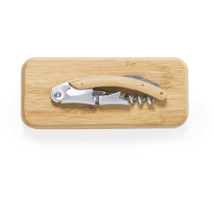 A drink bottle corkscrew opener with a silver metal body and wooden handle, presented on a bamboo base.