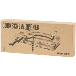 A drink bottle corkscrew opener in a packaging box, featuring a sketch illustration of the opener. Brown, rustic design.