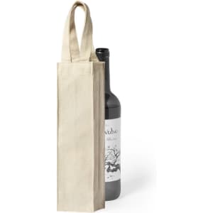 A natural canvas tote bag designed to hold a wine bottle, featuring a logo on the side.