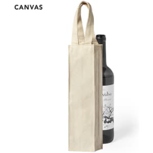 A beige tote bag designed to hold a wine bottle, featuring two handles and a simple design.