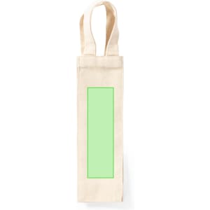 A beige tote bag with a green rectangular panel and two handles, featuring a logo.