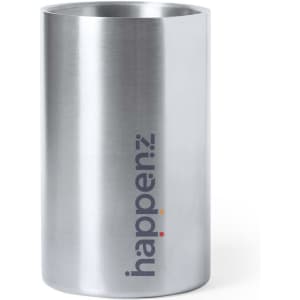 A drink bottle cooler in stainless steel featuring a logo, designed to keep beverages chilled.