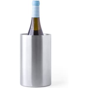 A drink bottle cooler in sleek silver, featuring a striped blue and white collar around the neck of the bottle.