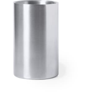 A drink bottle cooler in sleek silver metal design, featuring a smooth finish and cylindrical shape, with a logo.