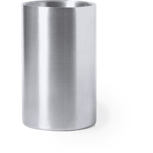 A drink bottle cooler in a sleek, silver stainless steel design with a smooth, reflective surface and a cylindrical shape.