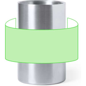 A drink bottle cooler in sleek stainless steel, featuring a smooth finish and a green band.