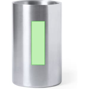 A drink bottle cooler in a sleek silver finish with a green rectangular section. Includes branding.