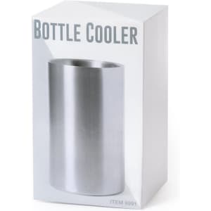 A drink bottle cooler in a cylindrical silver design, packaged in a white box with branding.