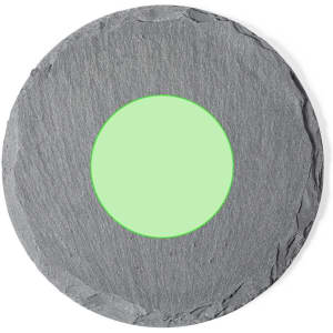 A round slate coaster with a green circular centre, featuring a rough texture and natural stone finish.