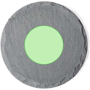 A slate coaster with a round shape, featuring a green circular centre. It has a textured dark grey surface.
