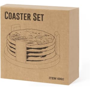 A brown cardboard box containing a coaster set with an illustration of stacked coasters on the front.