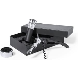 A wine set in a black box, featuring a corkscrew, aerator, and stopper. The items have a sleek black finish.