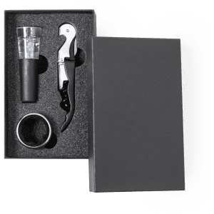 A wine set featuring a corkscrew, glass pourer, and metal ring, presented in a black box with a branded logo.