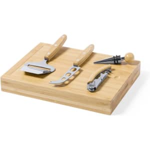 A wooden cheese board featuring three stainless-steel cheese knives and a wine bottle stopper, with light wooden handles.