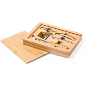 A bamboo cheese knife set featuring various stainless steel knives and accessories in a neatly organised tray.