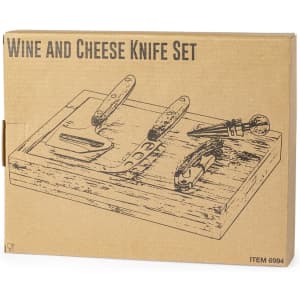 A wooden box containing a wine and cheese knife set with stainless steel knives and a corkscrew.