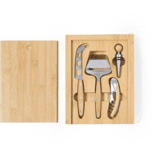 A bamboo cheese board set featuring stainless steel knives, a corkscrew, and a wine stopper. Includes a wooden storage box.