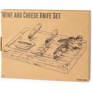 A wooden cheese board featuring a cheese knife, a cheese slicer, and a corkscrew, all in a cardboard box with a logo.