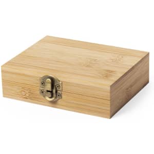 A bamboo storage box with a brass lock closure. It features a natural wood finish and a simple rectangular design.