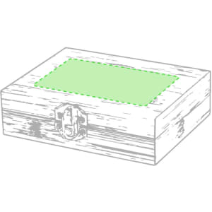 A wooden box with a green top section, featuring a metal clasp for closure. The design is simple and rustic.
