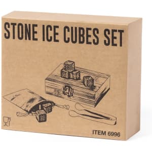 A cardboard box containing a set of stone ice cubes, featuring a wooden box, ice cubes, and tongs.