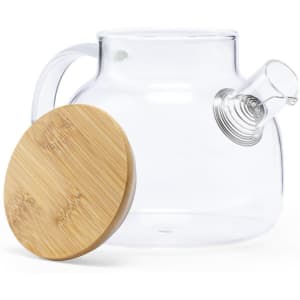 A clear glass teapot with a bamboo lid and a spout, designed for tea and coffee accessories.